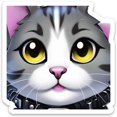 Gorgeous sparkly shiny colorful gradient dark techwear anime style anthro cat with blushing face aesthetic and pretty edgy black with collar and harness trending style sticker