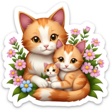 mother cat cuddling a kitten with flowers sticker