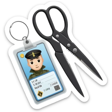 Floating black Scissors cutting in half an idf soldier ID card with a little chip in 2 parts .hyper realistic sticker