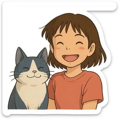 ghibli style illustration of a brown-haired Asian girl and her blue and white Manchikon cat, both smiling sticker