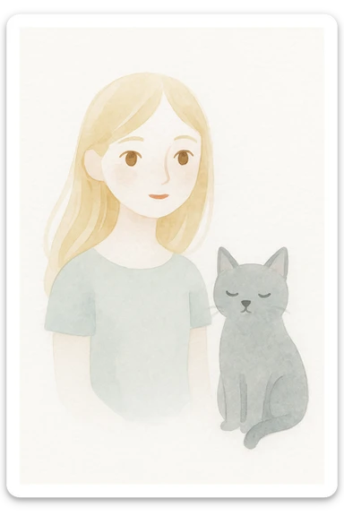 girl with long blond hair, brown eyes, and a grey cat, painterly, whimsical style sticker