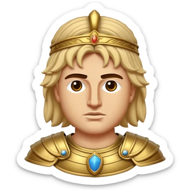 Cinematic Realistic Alexander the Great Portrait Emoji, depicted as a bold, charismatic ancient conqueror in regal armor with a commanding gaze, rendered with lifelike textures and dramatic heroic lighting that captures his legendary ambition. sticker