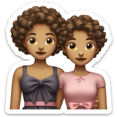 Two girls hugging one with curly hair the other strait with a bow sticker