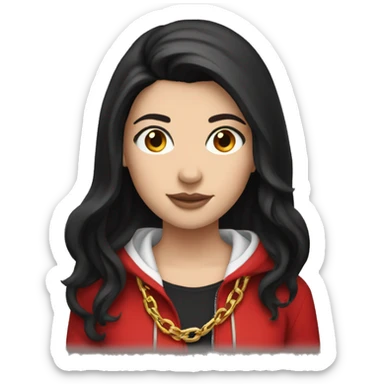 white girl with black hair wearing a red hoodie and a small gold chain sticker