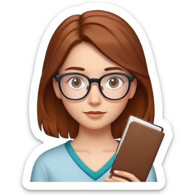 chica con el pelo por los hombros, medio recogido con una pinza y castaña. Con gafas sticker