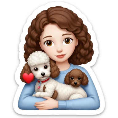 Beautiful woman with pale skin and brown hair hugging a white poodle dog sticker