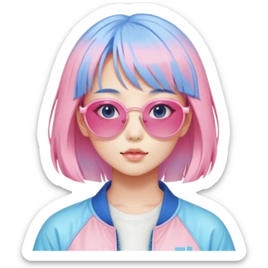 Vaporwave aesthetic Japanese girl with pastel pink hair, retro 80s sunglasses, nostalgic color palette of pink and blue, Japanese kanji characters floating, gradient background sticker