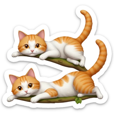 ginger and white cat with orange eyes doing a big extremely long stretch reaching up into the air with arms and legs side by side together straight and overextended whilst lying on its side sticker