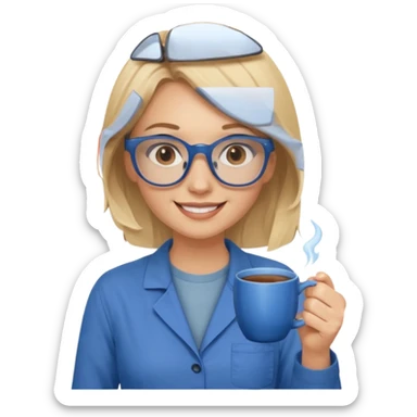 Blonde haired women with blue glasses, brown eyes and wearing brown worksuit, holding a blue mug of tea and smiling. sticker