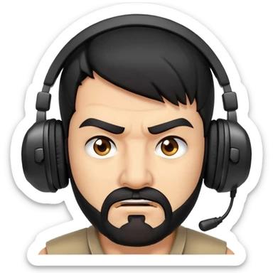 Angry man with black hair, brown eyes, black beard wearing a gaming headset sticker