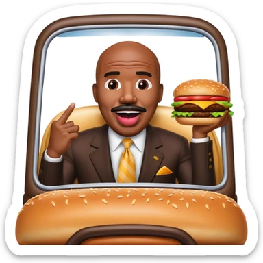 Steve Harvey with his tounge out driving a hamburger car sticker