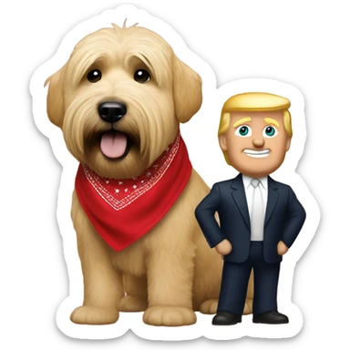 President Donald trump with a wheaten terrier wearing a red bandana sticker