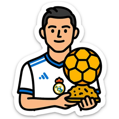 Cristiano Ronaldo in Real Madrid soccer uniform holding the Golden Ball trophy sticker