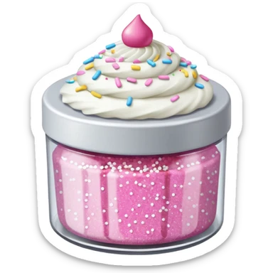 silver glitter in a small clear circular container with white lid, can of sprinkles, and pink cupcakes  sticker