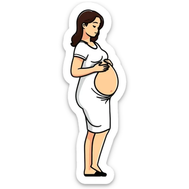happy pregnant woman in second trimester, showing baby bump sticker