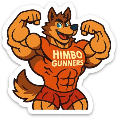 extremely muscular wolf furry with exaggerated muscles, wearing a t-shirt that says 'Himbo gunners', flexing pose sticker
