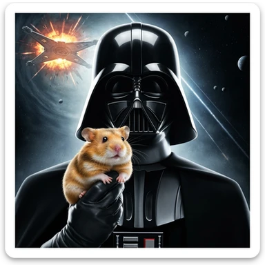 Extreme Closeup Photo of a darth vader holding big hamster, low key light, explosion startship background with leading lines, back light, spot light sticker