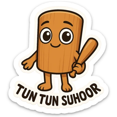 Chibi emoji of Tun Tun Suhoor, wooden stick body, smooth brown texture, big cartoon eyes on the stick, small smile, human arms and legs, holding a wooden bat, absurd and funny meme style, no text sticker