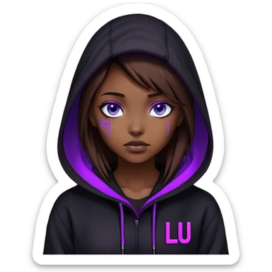 girl brown hair blue eyes wearing black hoody with violet letters "Lu" in the hood without a face. Cyberpunk style. Violet neon. sticker