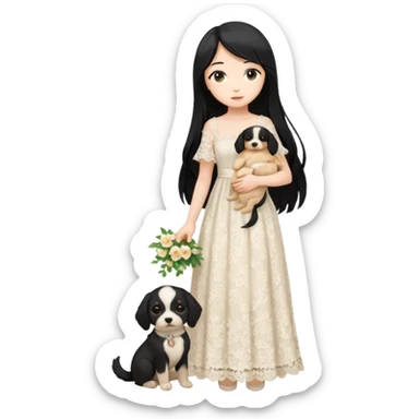 Pastel anime lady long hair with long lace dress full body holding puppy sticker