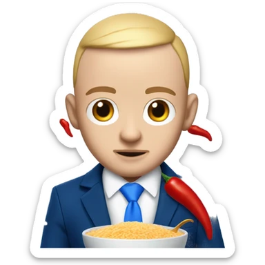 realism mac miller with a blonde comb over skin fade and blue eyes wearing a blue suit eating chilli with rice. normal colour skin sticker