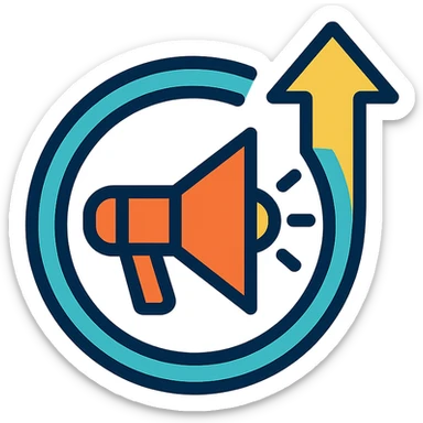 minimalist icon for advocacy consulting firm, rising arrow encircling megaphone, subtle gold navy blue accents, represents empowerment positive change sticker