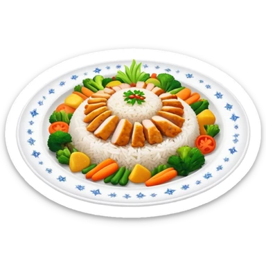 Magical floating plate with ethereal glowing rice, chicken pieces surrounded by sparkles, and enchanted Puerto Rican Boricua mix vegetables sticker