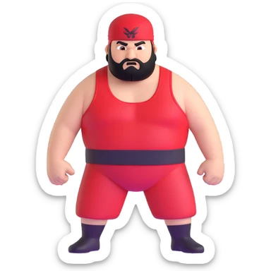 White skin fat guy with prominent black durag, short black beard, black eyes in a red and black wrestling singlet with angry face sticker