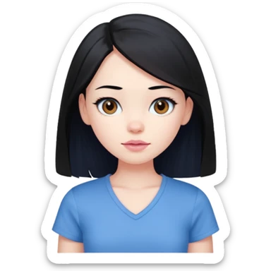 create an emoji of a young woman. She has a nice look, with mid-long black hair, brown eyes, pale skin, natural soft pink lips. she wears a blue short sleeve top with a v opening sticker
