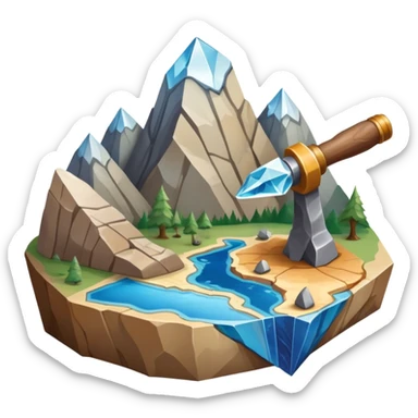 An icon featuring a rock hammer, a fossil, and a geological map, symbolizing geology. The design includes layers of the Earth, a crystal, and a mountain range, representing the study of Earth's structure, materials, and natural processes. Transparent background highlights geological research sticker