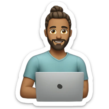 a man with a bun and beard at a laptop sticker