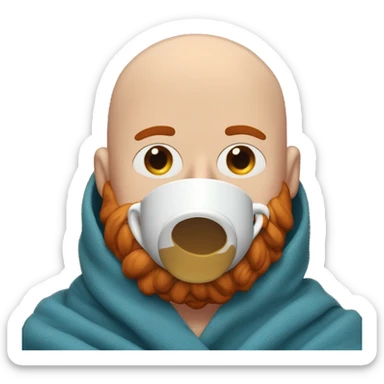 Bald man inside blue blanket with red beard and mustache with eyes closed sipping coffee sticker