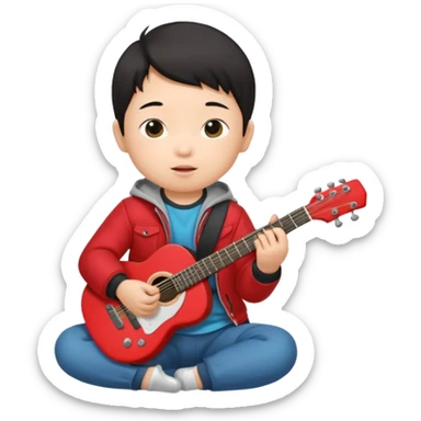 guitar rock player, baby asian head, red jacket sticker