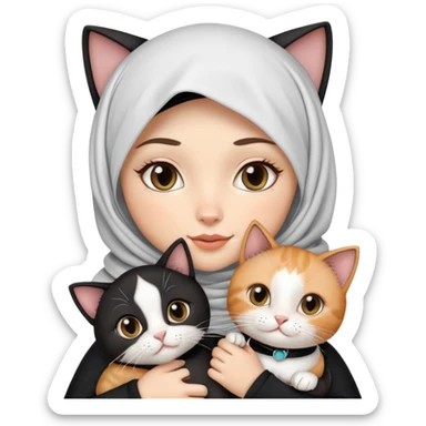 white girl with black eyes, braces and black hijab holding two cats, the first cat is tuxedo cats and the second one is calico sticker