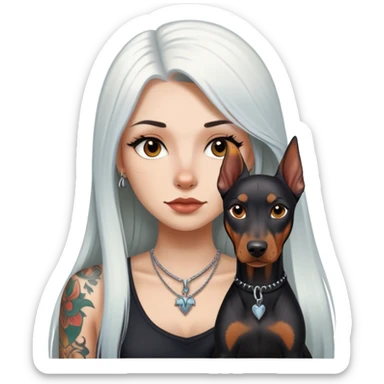 girl with long white  straight hair and tattoos and Doberman Pinscher sticker