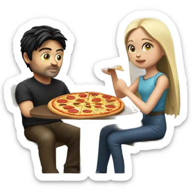 karl urban sitting at a table eating pizza with small white girl with black hair sticker