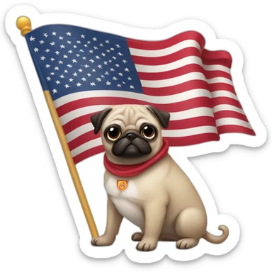 pug holding a big united states flag sticker