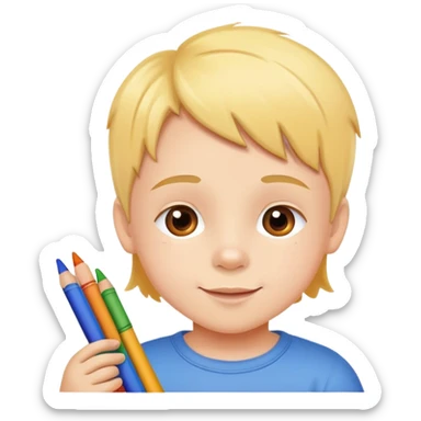 child drawing with crayons on paper, cheerful and creative sticker