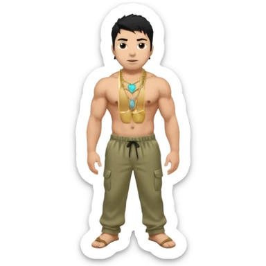 Chino Moreno with black hair, khaki satin baggy pants, shirtless with necklace sticker