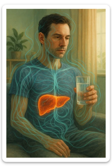A man in a calm domestic environment, sitting with a transparent bottle or glass in hand containing an Epsom salt solution. He has a focused and aware expression. His body is partially transparent, with the liver highlighted brightly as if in a cleansing phase. Around the body, fluid energetic lines symbolize detoxification. The atmosphere is relaxed and natural, with warm light and green and blue tones representing health and purification. sticker