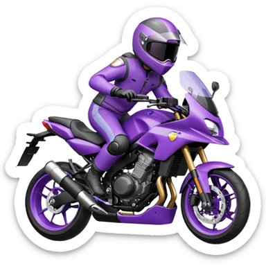 Créer un emoji copiable sur mon système iOS avec une moto mt07 noir mate / violet plus foncé que tu as et iridescent. le style de la mt07 doit être en sport. Avec pilote dessus visière violet bulle de la moto violet aussi. sticker