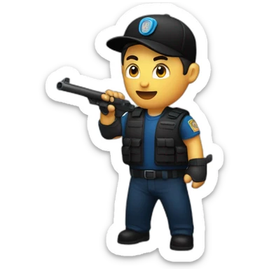 private security with blue shirt, black pants and black cap, without vest with tonfa on one side and the radio next to it sticker