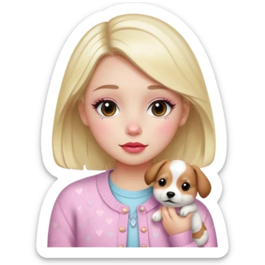 “Emoji girl, dewy skin, flushed blush across cheeks and nose, glossy cherry lips, soft puppy eyeliner, slightly teary sparkling eyes, wearing pastel cardigan.” sticker