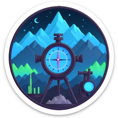 minimal expressive emoji style icon for crypto bot called Snypex, round badge shape, stylized mountains, rising candlestick chart, sniper scope combined, glowing neon cyan and electric blue palette, dark background, futuristic clean tech inspired cyberpunk AI feel, no text, highly symbolic scalable sticker