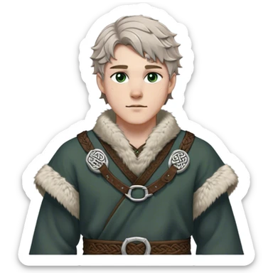 Medieval winter outfit worn by a DnD themed fantasy male character. Heavy charcoal wool tunic with arctic wolf fur lining, adorned with intricate iron clasps and a thick leather belt with celtic knotwork. Clothes only above the waist, full waist coverage. The character has no arms. Character is white-skinned with light brown hair, gray-green eyes, and short wavy hair dusted with winter's touch. sticker