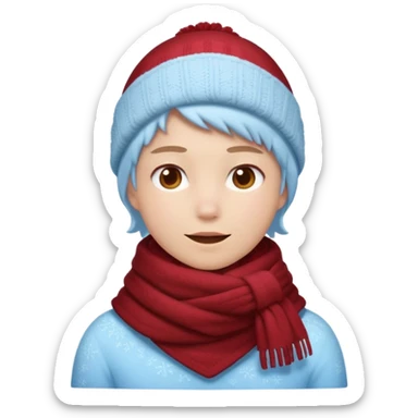 Fantasy human portrait emoji, deep red winter scarf covered with light frost, cozy but cold winter mood, slightly rosy cheeks, icy blue shadows, clean minimal emoji style, male/female variant
 sticker