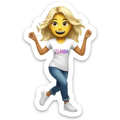 Blond smiling and dancing girl with Zumba logo on white t-shirt sticker