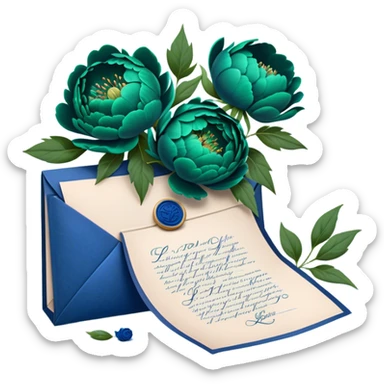 A charming arrangement of deep green peonies placed beside an old blue love letter with an intricate navy blue wax seal. sticker