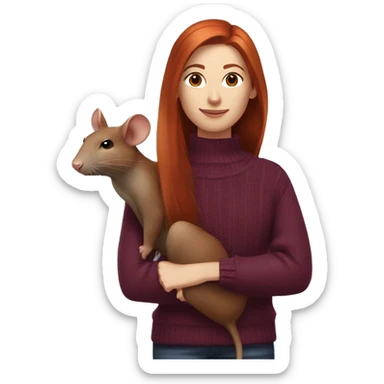 redhead girl with long hair and Dyson styling in a burgundy sweater and a rat on her shoulder sticker