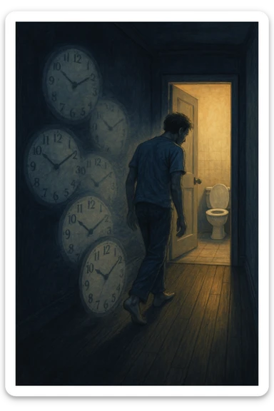 In una scena notturna onirica, un uomo cammina a piedi nudi in un corridoio buio verso un bagno illuminato, ripetutamente. Dietro di lui, come in una scia, ci sono orologi sfocati che simboleggiano il sonno interrotto. Ogni passo è lento, stanco, come se il corpo chiedesse riposo ma la vescica non lo permettesse. sticker